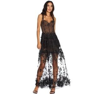 Dress the Population Anabel Embroidered Bustier Floral Sheer Lace Gown Black XXS